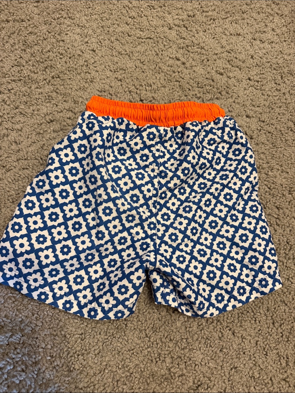 Mini Boden Blue & White Floral Swim Shorts with Orange Waistband - Picture 3 of 3